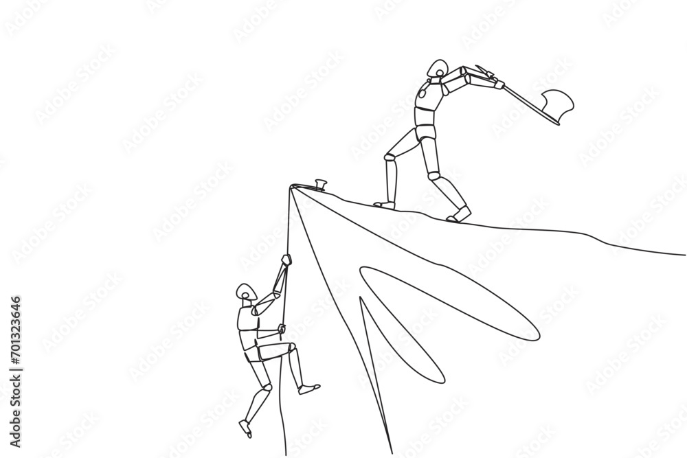 Poster continuous one line drawing smart robot climbs cliff with rope. almost successful. rudely dropped by