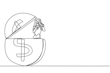 Single continuous line drawing businesswoman coming out of coin holding binocular. Looking for extra money for a decent life in old age. Looking for opportunity. One line design vector illustration