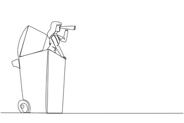 Obraz premium Single one line drawing businesswoman gets out of a wheeled bin looking for something through binoculars. Secure the company from media slander. Throw away. Continuous line design graphic illustration