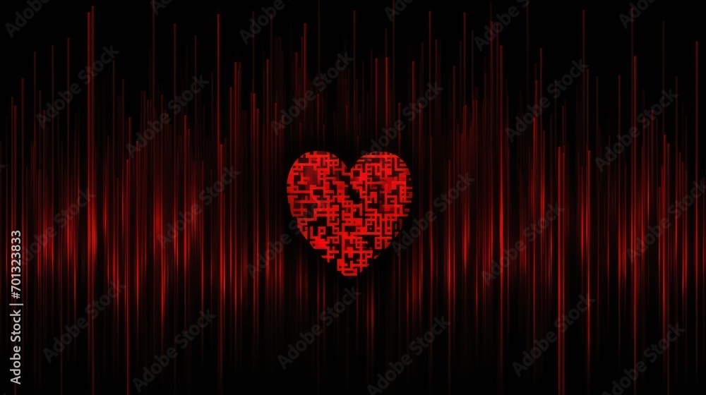 Poster a red heart is in the middle of a black background with red lines and a black background with red do