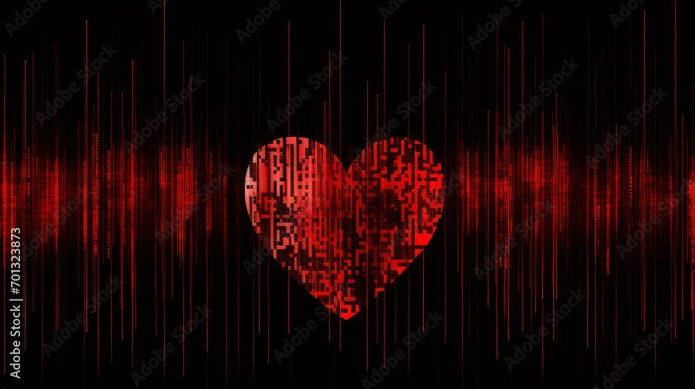 Poster a red heart that is in the middle of a black background with red and white lines in the shape of a h
