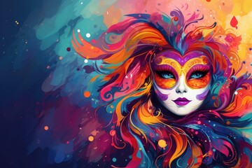 Beautiful woman with carnival mask on colorful background. Abstract background February 26: Carnival Day or Mardi Gras - obrazy, fototapety, plakaty