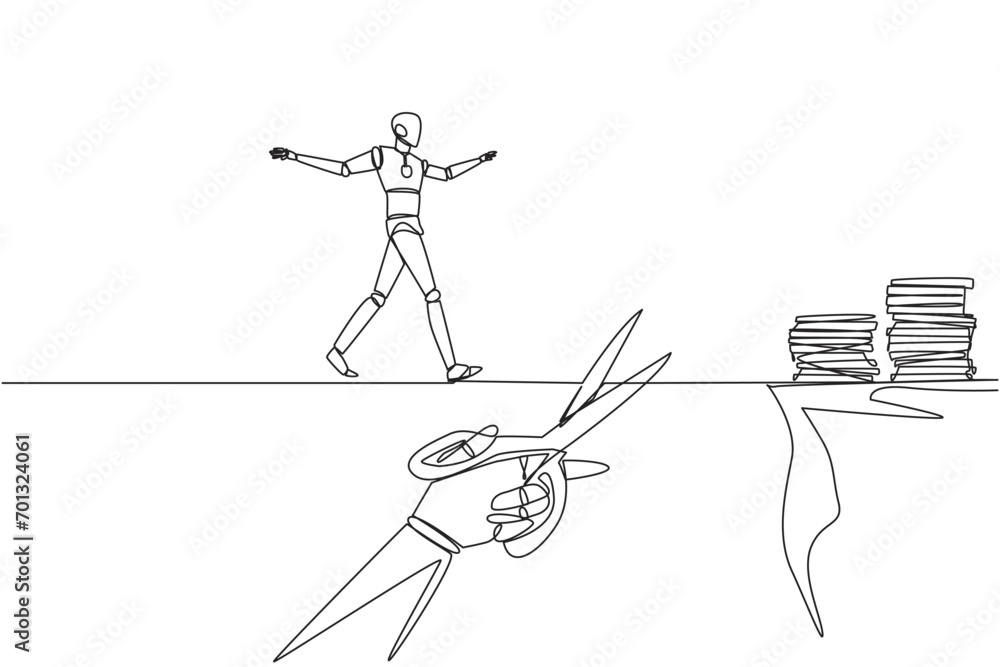 Poster continuous one line drawing the smart robot walking on tightrope from one cliff to another. failed t