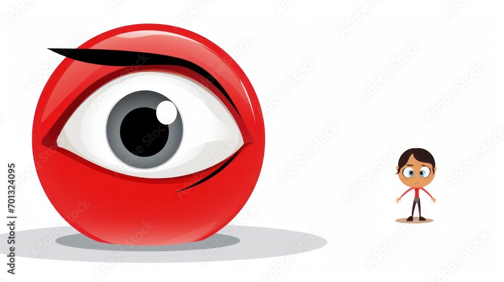 Poster a cartoon character standing next to a large red object with an eyeball on it's face and a man stand