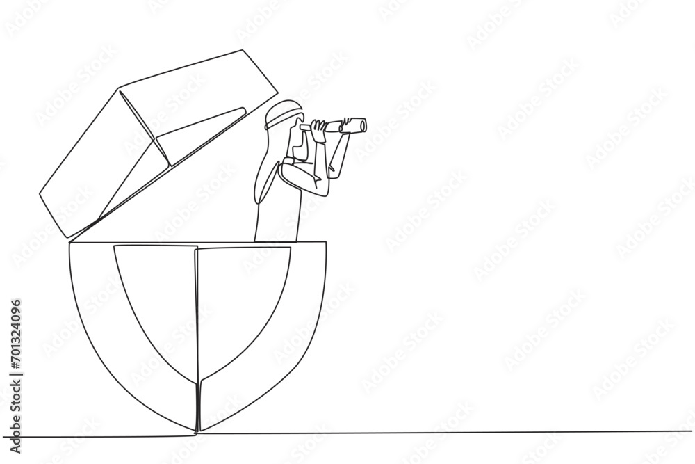 Poster single continuous line drawing arab businessman emerges from shield look for something with binocula