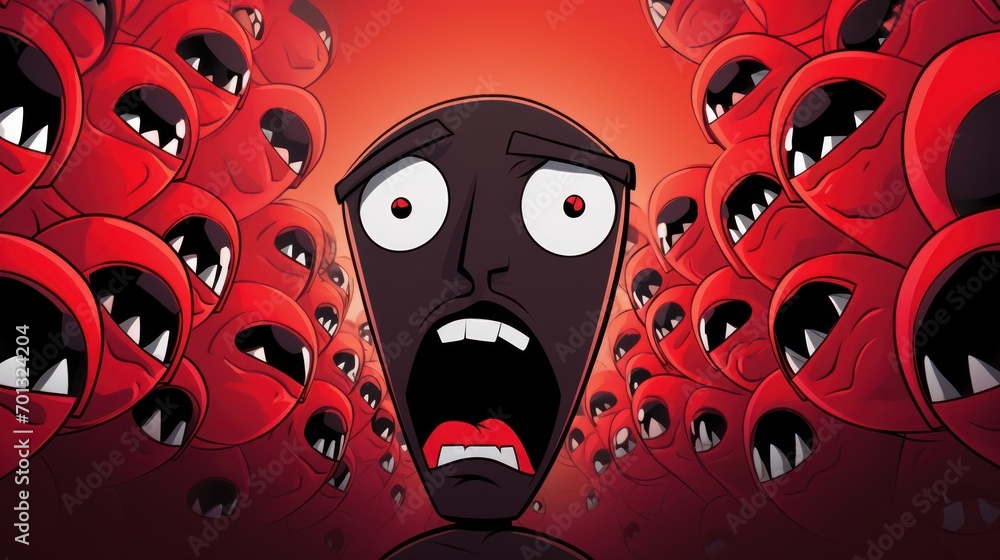 Canvas Prints  a cartoon of a person surrounded by a bunch of red heads with their mouths open in front of a red background.