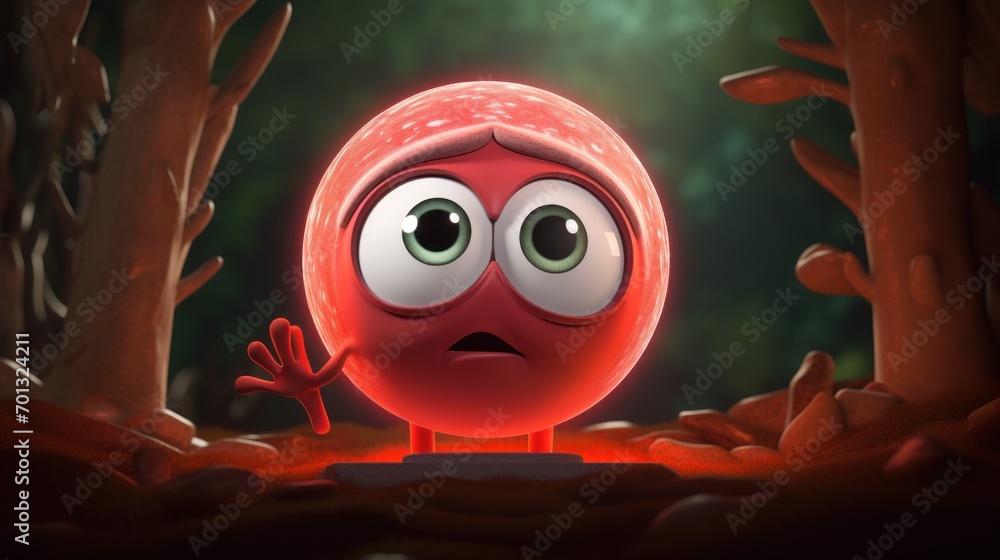 Poster a close up of a red ball with a surprised look on it's face in the middle of a forest.