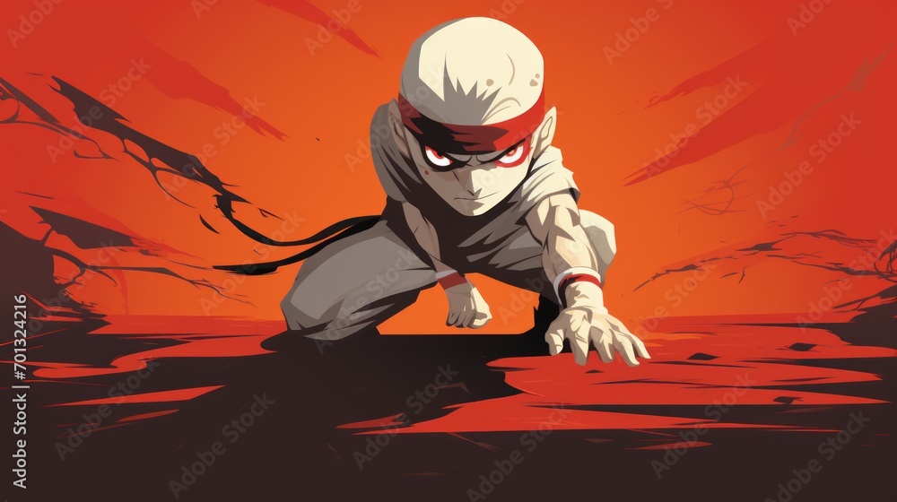 Poster a man in a red and white outfit crouches in front of a red background with a red sky behind him.