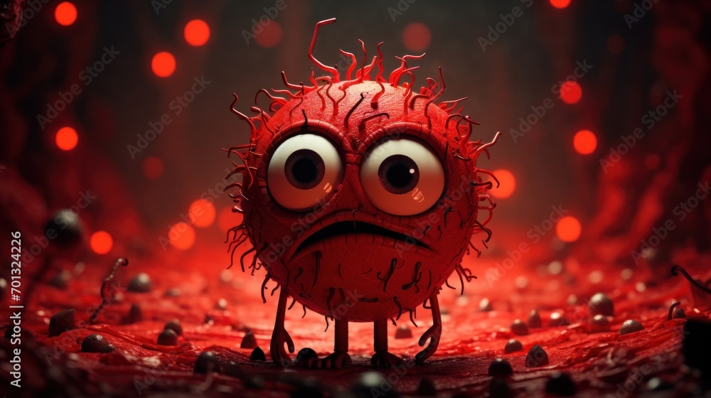 Poster a close up of a red object with a surprised look on it's face, with eyes wide open.
