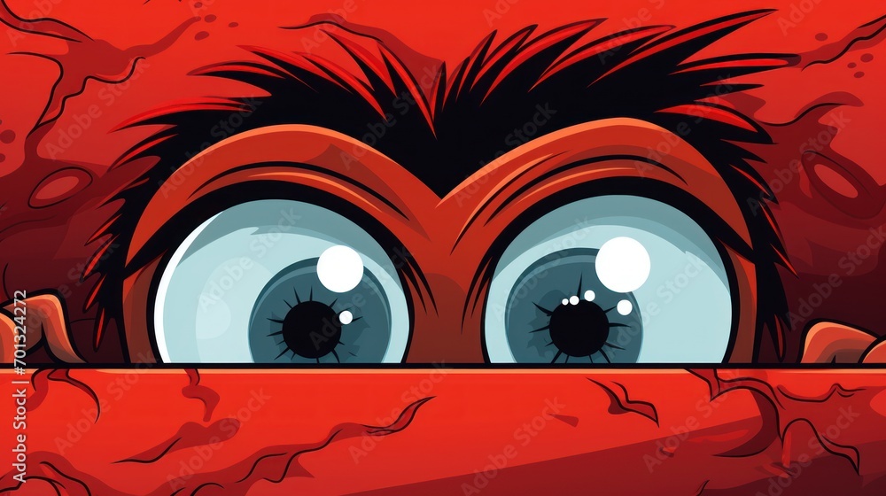 Poster a close up of the eyes of a monster looking out from behind a red piece of paper with a hole in it.