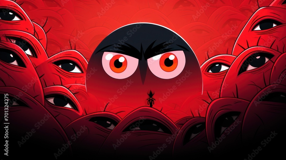 Poster a man standing in front of a large group of red eyes in the middle of a crowd of red faces.
