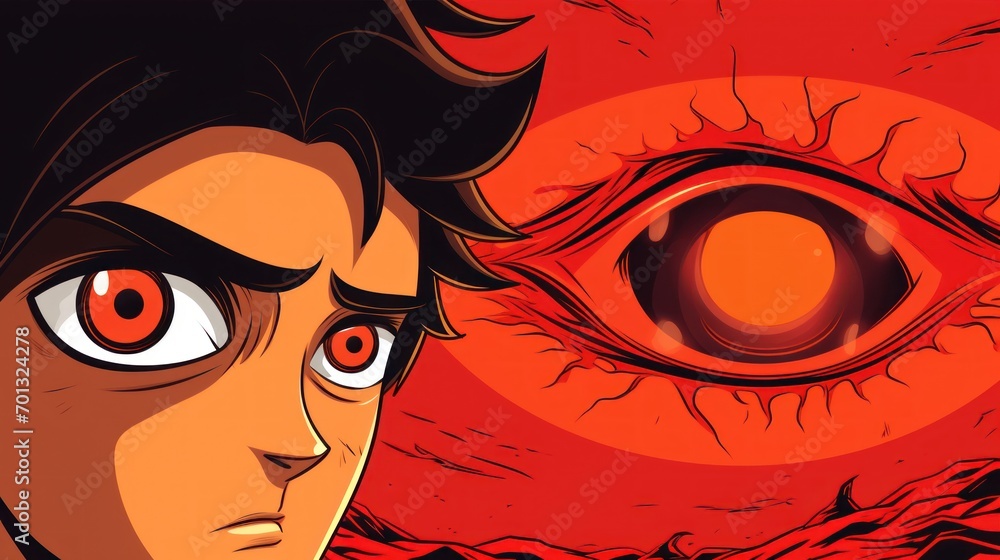 Poster a close up of a person with an evil eye in front of a red background with an eyeball in the foregrou