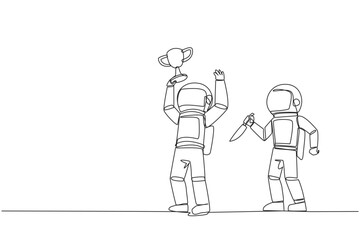 Single continuous line drawing the astronaut standing lifting trophy. Business friends prepare to stab in the back. Unhealthy business competition. The traitor. One line design vector illustration