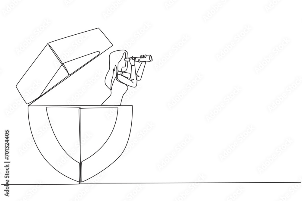 Aufkleber continuous one line drawing businesswoman comes out of shield looking for something through binocula