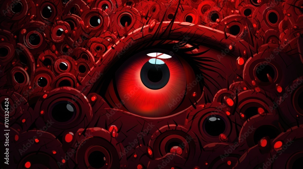 Poster a close up of a red eye with lots of circles around it and a hole in the middle of the eye.