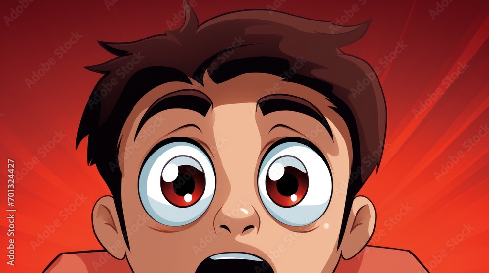 Poster a close up of a person with a surprised look on their face with a background of red and orange rays.