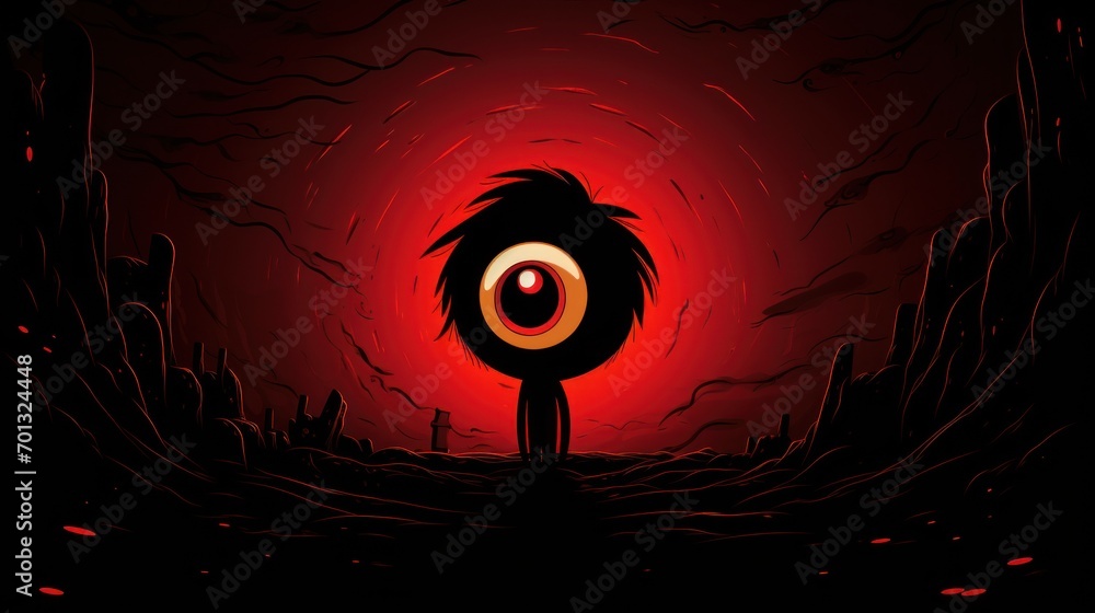Poster a person standing in front of a red and black background with an evil eye in the center of the image