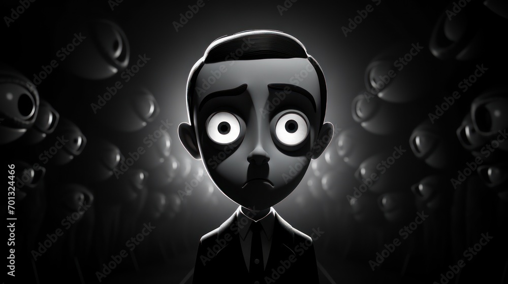 Poster a black and white image of a man in a suit and tie with eyes wide open in front of a dark background