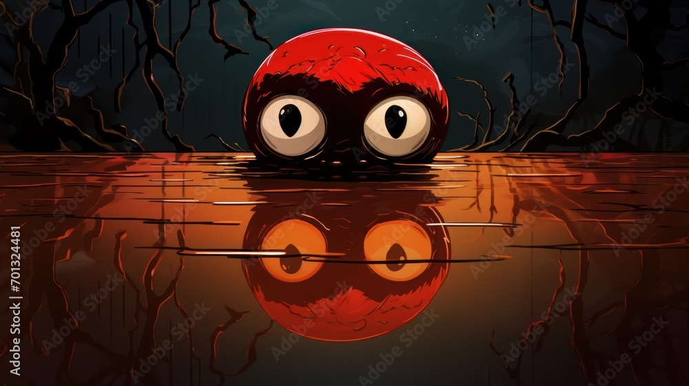 Poster a red ball floating on top of a body of water next to a forest with lots of trees and branches.