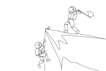 Single continuous line drawing the young astronaut climbs cliff with rope. Almost successful. Rudely dropped by a business friend. Fake partner. The worst teamwork. One line design vector illustration