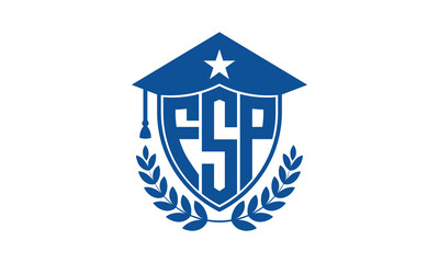 FSP three letter iconic academic logo design vector template. monogram, abstract, school, college, university, graduation cap symbol logo, shield, model, institute, educational, coaching canter, tech