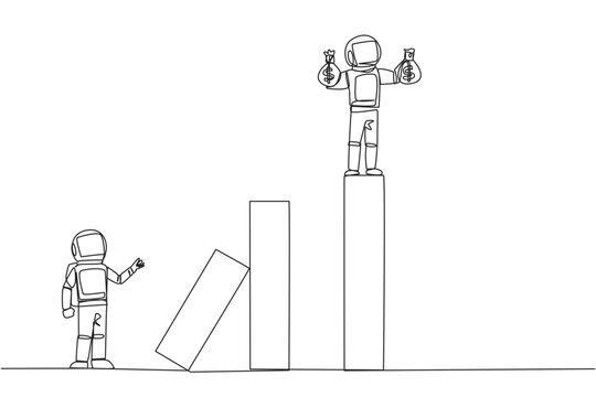 Continuous one line drawing the astronaut standing on the bar lifting money bag. Fake partner. The envy friend. Sabotage happiness. The traitor on office. Single line draw design vector illustration