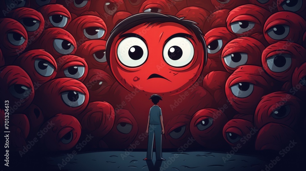 Aufkleber a man standing in front of a large group of red eyes with a frown on his face in front of a crowd of