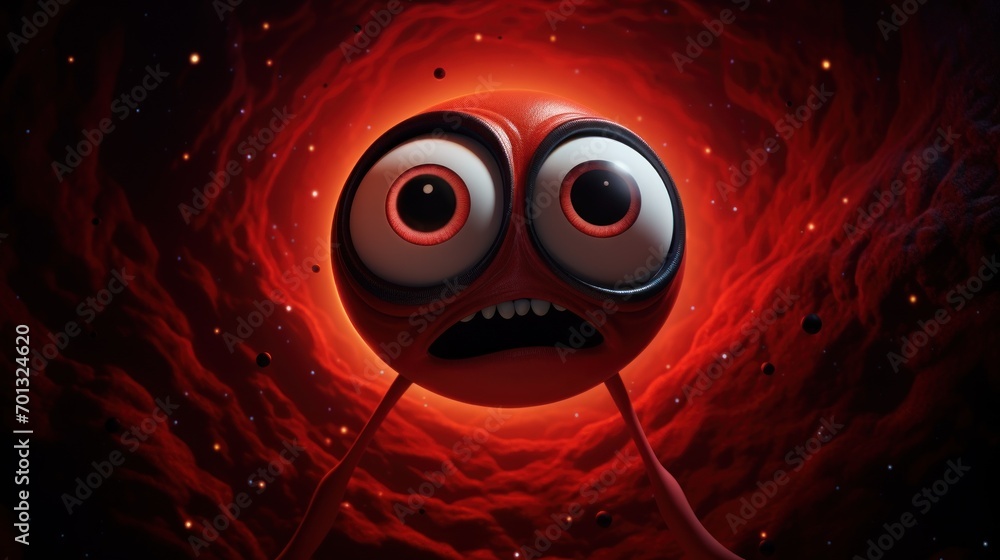 Poster a close up of a cartoon character in front of a red and black background with a hole in the center.