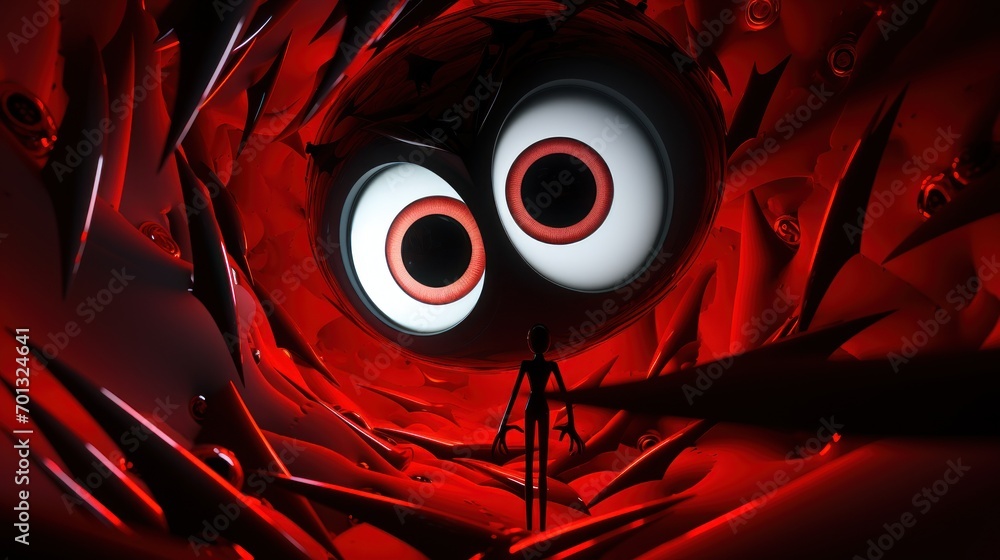 Poster a person standing in front of a red background with two speakers in the center of the image and a pe
