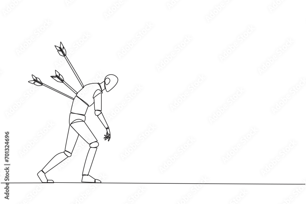Poster single one line drawing smart robot standing and several arrows stuck in the back. attacked from beh