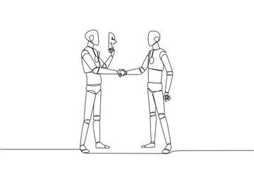 Single one line drawing the two robots shaking hands. One of them has two faces. Full of falsehood. Fake friend. Worst teamwork. Business betrayal. Traitor. Continuous line design graphic illustration