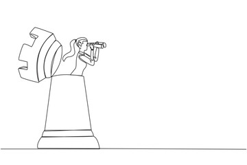 Single one line drawing businesswoman comes out rook chess looking for something through binoculars. Strategies that must be mature for business progress. Continuous line design graphic illustration