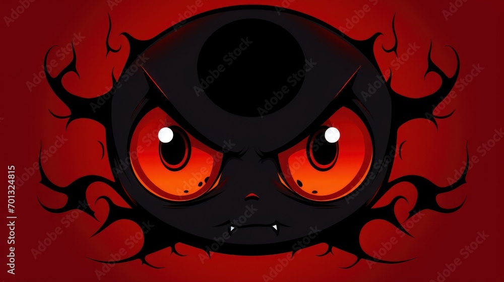 Poster a close up of a red and black background with a black ball with red eyes and a hole in the middle.