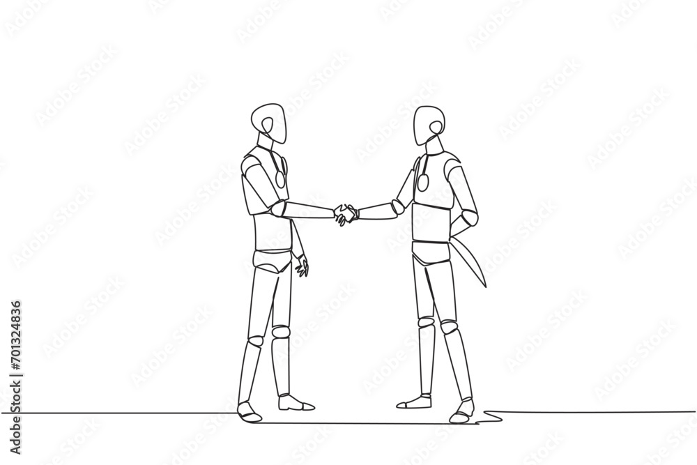 Aufkleber single one line drawing two smart robots shaking hands. one of them holding a knife behind the back.