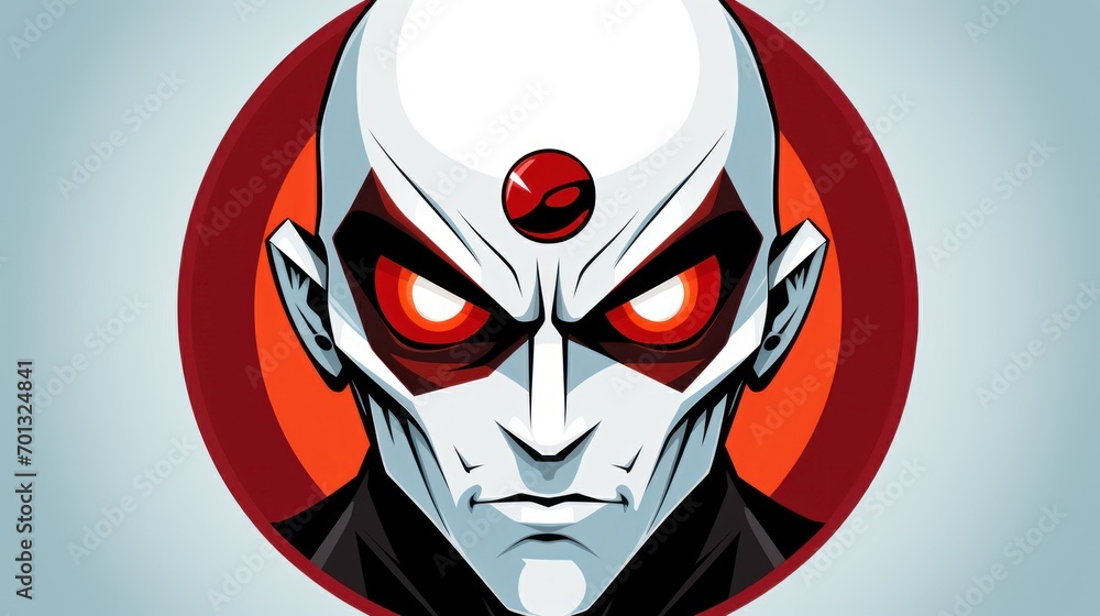 Poster a close up of a person with red eyes and a white head with a red circle in the middle of the image.