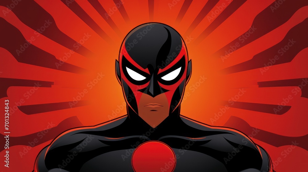 Canvas Prints  a close up of a person wearing a black and red costume with a red light in the middle of his face.