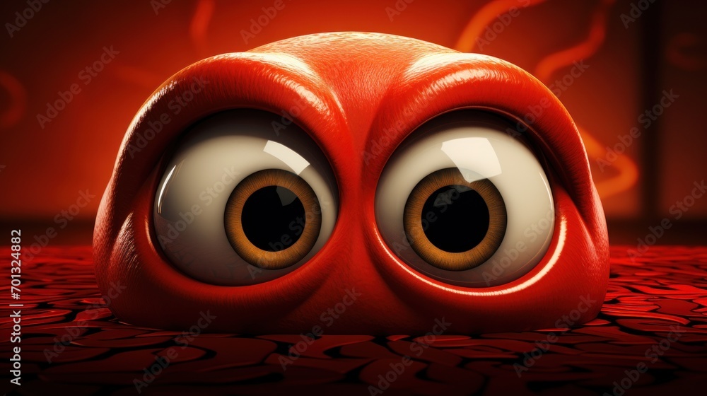 Poster a close up of a red object with two large googly eyes on a red surface with a red wall in the backgr