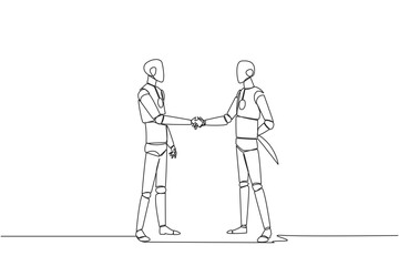 Single one line drawing two smart robots shaking hands. One of them holding a knife behind the back. Getting ready to stab. Must win at all costs. Traitor. Continuous line design graphic illustration