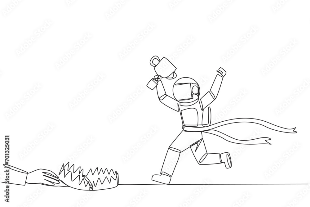 Aufkleber continuous one line drawing astronaut running with trophy. dangerous business trap. a trap that real