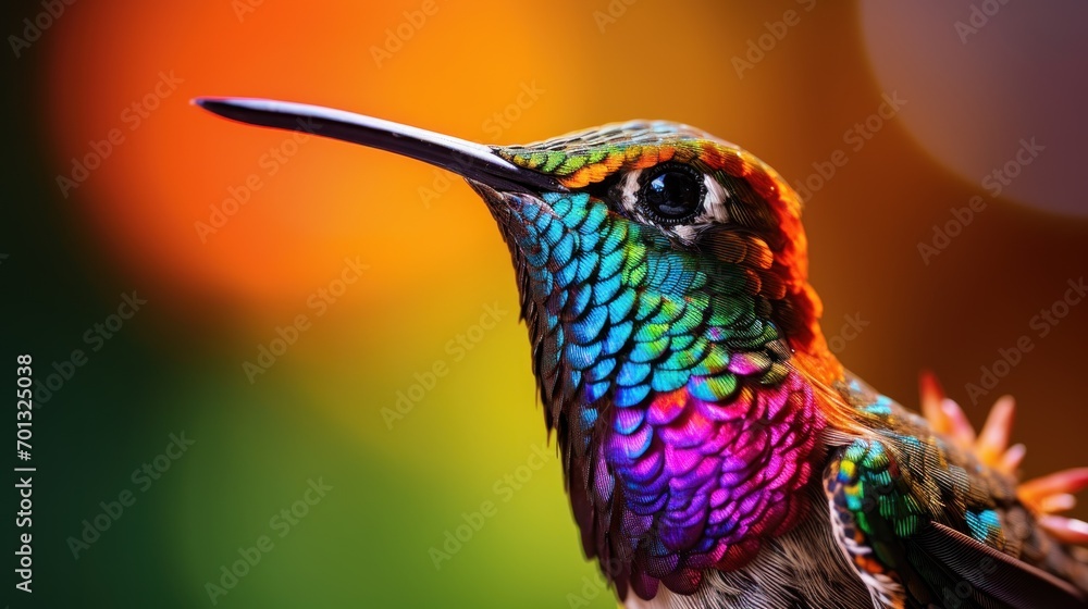 Poster a multicolored hummingbird perches on a branch in front of a multi - colored blurry background.