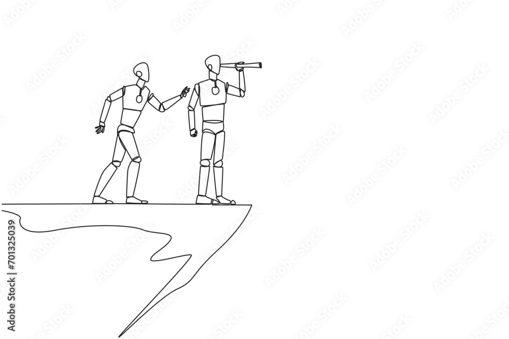Poster single continuous line drawing the smart robot monitoring something at the edge of cliff using binoc