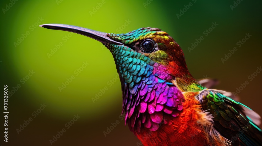 Poster a close up of a colorful hummingbird with a blurry backround behind it and a green backround behind 