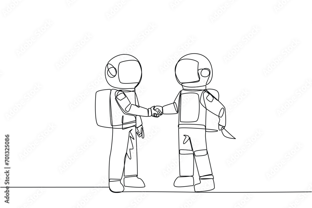 Poster single continuous line drawing two astronauts shaking hands. one of them holding a knife behind the 