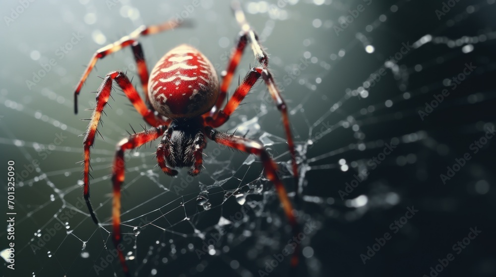 Poster a close up of a spider on it's web with drops of water on the spider's web.