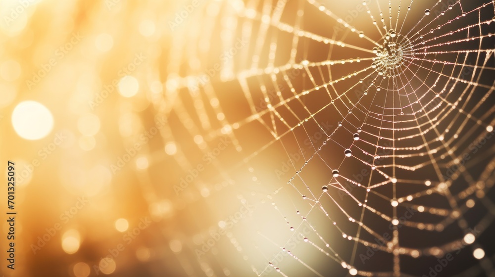 Poster a close up of a spider's web with dew drops on the spider's web in the foreground.
