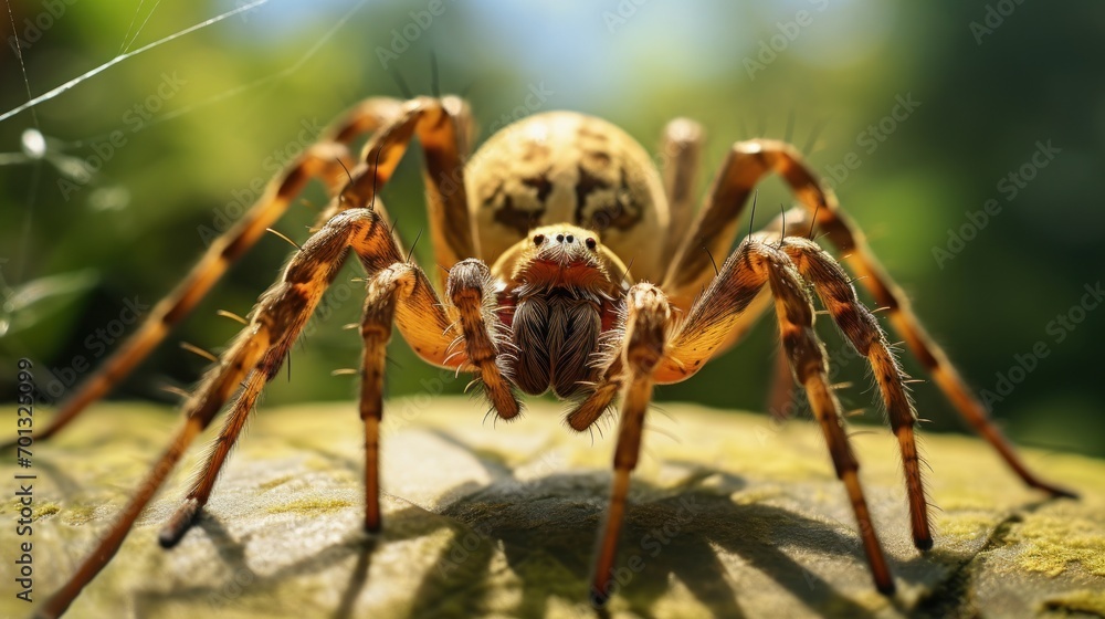 Poster a close - up of a spider on a rock with a blurry background of trees in the foreground.
