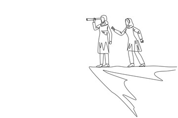 Continuous one line drawing Arab businesswoman monitoring something at the edge of cliff using binocular. Monitoring business. Taken down by traitor from behind. Single line design vector illustration