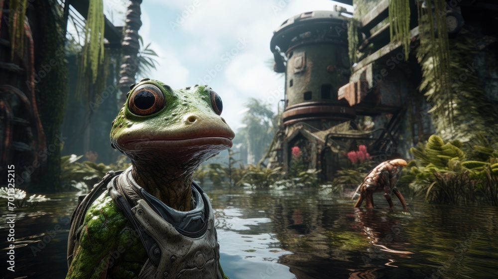 Poster a frog is standing in the middle of a swamp with a building in the background and a person in the wa