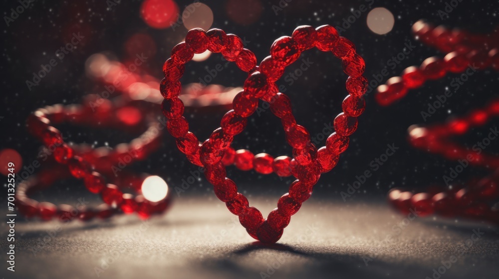 Poster a red heart shaped object sitting on top of a table next to a red object in the shape of a heart.