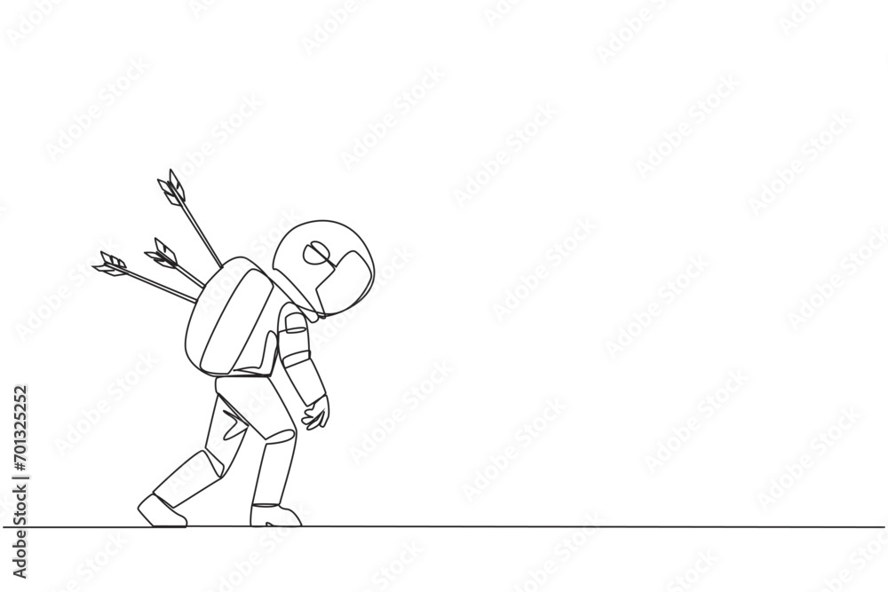 Aufkleber single one line drawing the astronaut standing and several arrows stuck in the back. attacked from b